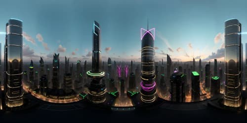 Hyperrealistic VR360, futuristic metropolis, luminescent skyscrapers piercing stellar canopy. Glass facade, neon reflections, expansive urban landscape. Ultra high-resolution VR360, epitome of quality. 3D context, premium quality, masterpiece.