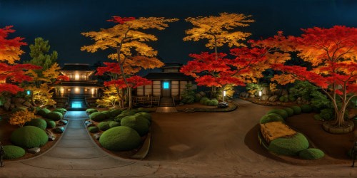 Expansively panoramic Edo period Japenese Zen garden at night, in Autumn. With cozy warm toned and glowy. Emaculately detailed landscaping. Deep warm toned color palette, with deep reds, magentas, browns, and deep orange-yellow tones. Warm feverish aesthetic.