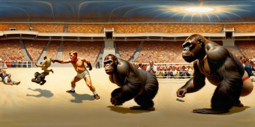 Theodore Roosevelt fighting a gorilla in a arena full of spectators.