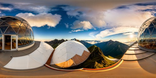 Within an impeccably constructed geodesic dome, an awe-inspiring art studio sits majestically, boasting panoramic mountain vistas through transparent walls, bathed in the pristine light of a hyper-realistic 8K image capturing every intricate detail flawlessly.