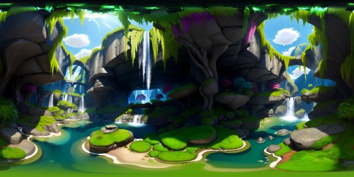 Masterpiece quality, ultra-high resolution, VR360 panoramic view of towering waterfall, cascading water, prismatic mist. Foreground, meticulously detailed moss-covered rocks, lush ferns. Behind the waterfall, hidden cave, subtle illumination. Style: hyper-realistic digital painting, stunning detail, photorealistic textures. VR360 scene engrosses, invites exploration.