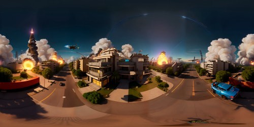 Masterpiece VR360, top of skyscraper view, war scene panorama. High-resolution rockets exploding into buildings, surrounding inferno. Jets in mid-dogfight overhead, warships battling below, incandescent flames. VR360 ultra-definition, war-torn cityscape glowing with firelight, chaos aesthetics.