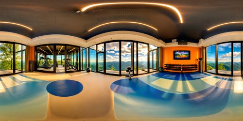 State-of-the-art rehabilitation gym with cutting-edge equipment, gleaming floors, panoramic windows revealing a lush outdoor landscape, crystal-clear reflections, massive mirror walls, and seamless integration of technology.