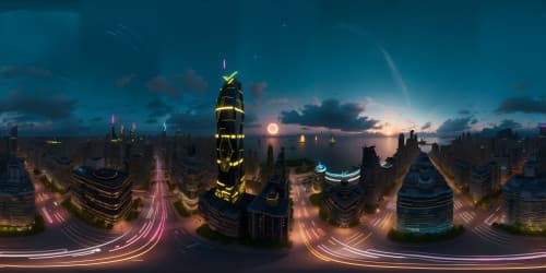 VR360 city skyline, midnight enchantment, ocean view. Neon-glow district, luminescent reflections on serene water. Masterpiece quality, ultra-high-res. Surreal brilliance, fantasy-style phosphorescence. Expansive sky panorama, vibrant VR360 spectacle.