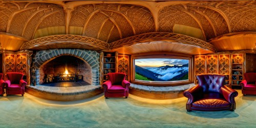 Nestled within a cozy hobbit hole, an impeccably crafted, ultra-high-resolution 8K-M3 fireplace radiates a warm, inviting glow, surrounded by intricate wooden carvings, plush velvet armchairs, and shelves overflowing with leather-bound tomes - a flawless sanctuary of comfort and coziness.