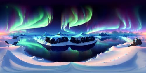 Ultra high-resolution VR360, North Pole panorama, glacier-adorned terrains, overhead aurora dancing. Masterpiece-grade, realism with hints of surreal art. Minimal foreground, vast icy horizon.