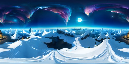 Masterpiece-quality Alps, ultra-high-res details, dazzling snow-peak clusters. Pristine, clear icy-blue sky, evening glow enveloping horizon, VR360 panorama. Alpine majesty in Pixar-style sharpness, brilliant color gradients, VR360 vibrancy.