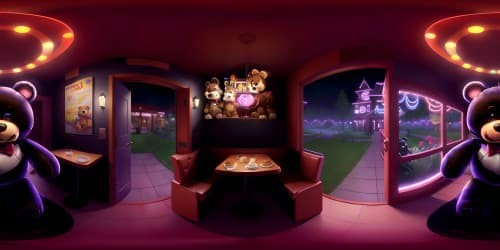 game five night at freddy's restaurant, with u.s. 90s fast food style creepy dark light. with a scary mechanical dark brown teddy bear