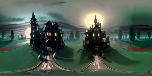 Masterpiece detailing, Freddy Kruger's house, decayed elegance, creepily welcoming. Gothic gables, distress-touched crimson wood, eerie, unreal. VR360 detailed decay, stylized in ultra-high-res. Spectral moonlight, shadow dance on cracked weathered surfaces. Barred windows, menacing silhouette. VR360 ominous, Pixar-style eeriness.