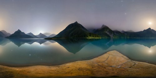 A flawless serene nocturnal landscape illuminated by silver moonlight, mirrored on a glassy lake, shrouded in dense mist hugging velvety mountains, with stars twinkling in perfect harmony in this ultra-high-resolution masterpiece, designed for tranquil meditation.