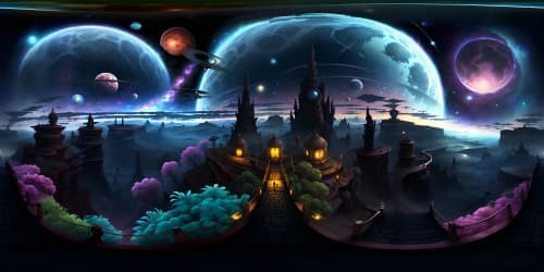 VR360 night sky, planets aglow, constellations in intricate detail. Gigantic nebulae, ultraviolet hues, cosmic dust. Foreground, inviting alien terrain, foreign flora. Ultra high-resolution artistry, surreal, photorealism blend. VR360 experience, dramatic, awe-inspiring panorama.