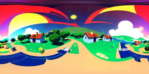 Ultra high-resolution VR360 masterpiece, classic Asterix-inspired style. Luxurious Gaulish village, quaint huts, looming oak trees, mammoth menhirs. Bold outlines, vivid colors, cartoonish allure. VR360 view of a cloud-swept sky, vibrant sunset hues, softly glowing stars.