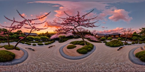 A serene Japanese zen garden, with meticulously raked gravel surrounding a tranquil koi pond, vibrant cherry blossom trees in full bloom under a soft pink sunset, creating a flawless, high-resolution artwork.