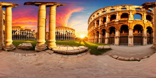 Imposing Roman Coliseum standing tall against a vivid sunset, overlooking a majestic ancient library with intricate marble columns, dust particles dancing in the golden rays, creating a flawless high-resolution artwork.