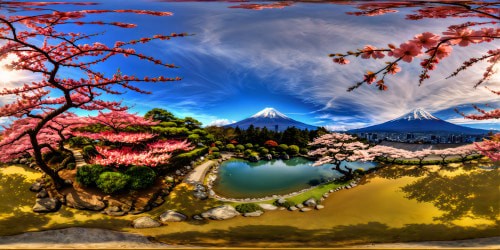 An exquisite and flawless digital artwork showcasing an ancient Japanese garden at the peak of cherry blossom season, with vibrant pink petals floating in the air, a tranquil koi pond reflecting the clear blue sky, and majestic Mount Fuji in the background, meticulously detailed in ultra-high resolution.