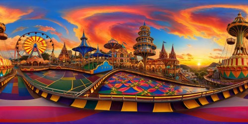 A dazzling amusement park illuminated under a vibrant sunset, with towering rides and swirling carnival lights, a kaleidoscope of joyous colors and fantastical fun captured in flawless ultra-high resolution, a visual masterpiece of excitement and wonder.