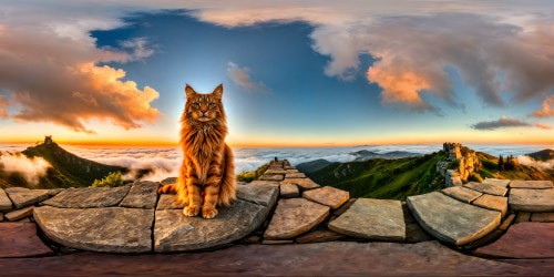 A flawless, ultra-high-resolution depiction of a majestic, regal cat perched atop a weathered stone wall, basking in the warm hues of a mesmerizing sunset, with fur resplendent in rich, velvety tones, exquisite whiskers catching the last rays of light.