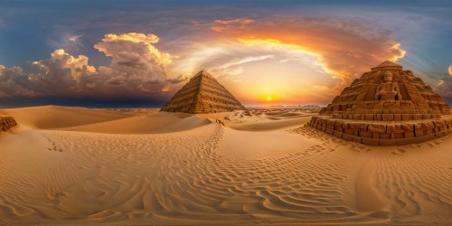 A colossal pyramid rises majestically in the vast desert expanse under a fiery sunset, intricate stone carvings glistening in the fading light, flawless golden sand dunes casting elongated shadows—a breathtaking masterpiece meticulously rendered in ultra-high definition perfection.