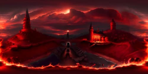 TV drama Stranger Things styled Gothic Castles SURROUNDED BY vocalnic stones. dark red background.