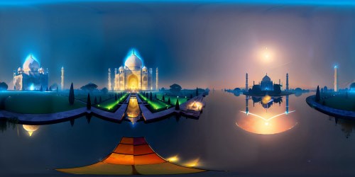 Taj Mahal's architectural marvel, mirrored reflection on serene water, marble magnificence in ultra high res quality, intricate inlay patterns. VR360 view of ethereal moonlit night, shimmering stars, silhouetted against velvety blue skies. Opulent, masterpiece rendering for VR360 experience, Pixar-style.