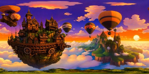 Floating islands with intricate steampunk architecture silhouetted against a vivid orange and purple sunset sky, enormous mechanical constructs dotting the landscape, gears turning, airships soaring, majestic spires reaching for perfect clouds in ultra high-res with unparalleled attention to detail.