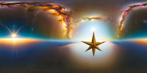 above space.very bright golden star far away overhead.