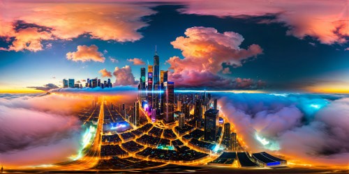 Sprawling futuristic cityscape under a sky ablaze with neon lights and holographic billboards, towering skyscrapers reflecting a myriad of colors, bustling streets filled with hovering vehicles, a flawless metropolis captured in ultra-high resolution.