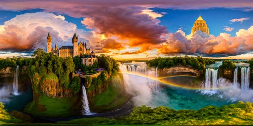 An immaculate and flawlessly detailed digital painting of a mythical floating city, cascading waterfalls, vibrant gardens, towering spires, crystal-clear waters, rainbow bridges, and billowing clouds, all imbued with an otherworldly glow, crafted as a stunning ultra-high resolution masterpiece of artistic beauty.