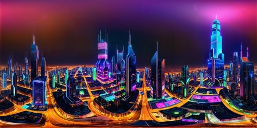 A sprawling cyber cityscape, bathed in neon lights shimmering against the night sky, showcasing futuristic skyscrapers, holographic billboards, bustling flying cars, gleaming technological marvels, and flawless ultra-high resolution details, a digital masterpiece.