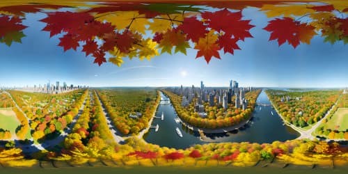 VR360 ultra-high resolution, masterful depiction, fall colors skyview over Central Park, NYC skyscrapers skyline contrasting, vibrant autumnal hues, VR360 immersive panoramic display, precision detailing.