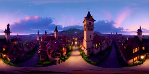 Masterpiece quality, ultra-high resolution VR360, twilight-drenched vampire town, gothic architecture silhouetted against indigo skies, cobblestone streets winding into the horizon. Style: Darkly romantic, hyperrealism.