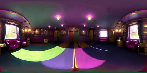 interior dark derelict funhouse The Joker and Harley quinn dancing together purple and green 