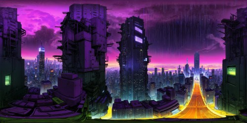 A futuristic cyberpunk cityscape featuring neon-drenched skyscrapers, holographic billboards, bustling flying cars zipping through smog-filled skies, shimmering rain-soaked streets, and towering corporate megacorps under a vivid purple-lit sky, a detailed high-resolution masterpiece.