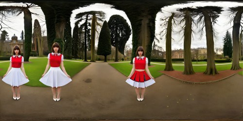 Five stunning brunettes posed in a picturesque park setting, each uniquely styled - one with bangs, another in a skirt, showcasing a high-quality, ultra-detailed portrait captured in superb resolution.