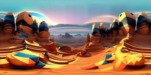 VR360 scene: masterpiece quality, ultra high resolution, geo2 style. Dominant geometric shapes, bold polygonal structures, fractal landscapes. Contrasting sharp lines, smooth gradients, iridescent color schemes. VR360 perspective: infinite, multidimensional vistas.