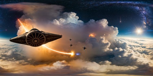 A gleaming, perfectly detailed Star Wars spacecraft soaring through the vast galaxy, Slave Leia standing proudly beside it amidst twinkling stars, illuminated by cinematic lighting and dramatic shadows.