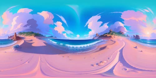 Masterpiece quality, ultra HD, VR360 beach panorama, turquoise waves lapping, pearl-white sands, smattering of seashells, surreal sunset, radiant canvas of pastel hues, distinct Pixar-style, emphasizing crisp, clean lines, and vibrant colors.