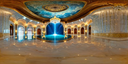 An opulent Water Room enveloped in shimmering liquid walls, reflecting flawless marble floors beneath intricate mosaic ceilings, softly illuminated by cascading chandeliers in a grandiose, unending underwater palace.