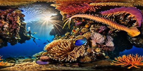 An unparalleled, ultra high resolution underwater masterpiece, featuring a vibrant coral reef teeming with tropical fish, elegant starfish, majestic anemones, and captivating jellyfish, all enveloping a stunning world where graceful mermaids with flowing hair enchant the depths with their ethereal beauty.