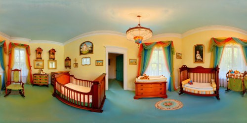 Immaculate nursery room bathed in soft morning light, adorned with intricate hand-painted murals, plush pastel carpets, oversized dreamy mobile hanging from the ceiling, ornate wooden crib, polished rocking chair, cascading rainbow mobile, intricate molding, and exquisite vintage toy chest,  beyond high definition perfection.