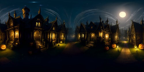 Masterpiece quality, ultra-high resolution VR360, haunted Halloween town, mysterious shadows, looming, crooked houses, carved pumpkin lanterns glowing, scattering eerie light. Cobweb-draped street lamps, ghostly, wispy mist. Artistic style of Tim Burton, spooky, fantastical VR360.