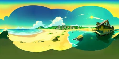 VR360 Naruto-inspired style, ultra high-resolution, Tsunade-inspired character, beach setting, sand textures, turquoise sea, distant horizon line. Minimalist foreground, vibrant sunset colors reflecting on water, wispy clouds. VR360 visual focus on expansive sky, beach ambiance.