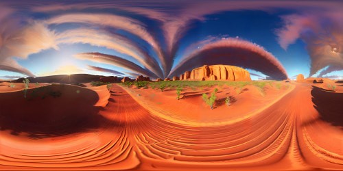 Masterpiece-quality VR360, ultra-high resolution Australian outback. Iconic red sand dunes, sun-burnished terrain, sparse vegetation, gnarled, unique. Spectacular sunset, sky awash with color. Vast, unending horizon, VR360 view, stunning expanse. Digital painting style, intricate detailing, vibrant, immersive.