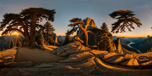 At dusk, a landscape masterpiece unfolds with pristine, ultra-high resolution details - towering ancient trees casting long shadows over majestic, craggy mountains under a painterly, dusky sky.