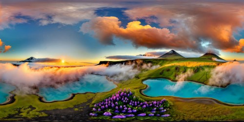 A flawless, ultra-high-resolution portrayal of Iceland's serene summer tundra at early morning, where a tranquil fog hovers above crystal-clear aqua hot springs casting reflections, surrounded by vast fields of vibrant lupine flowers leading to majestic distant mountains, all under a stunning sunrise painting the open horizon in breathtaking hues.