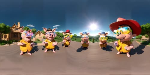 five pigs wearing derby hats and vr glasses eating ham sandwiches stylized cg