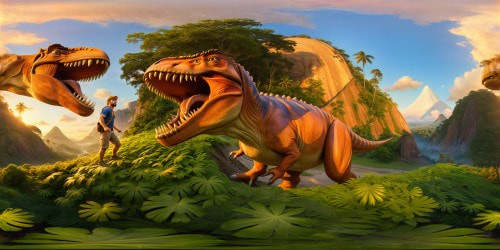 An intricately detailed, flawless digital artwork of Blippi joyfully riding a massive Tyrannosaurus Rex through a sprawling prehistoric landscape at golden hour, lush greenery, dramatic shadows, expertly rendered textures, enchanting atmosphere.