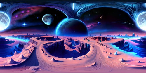 Moon's surface, ultra HD quality, VR360 alien topography, unexplored lunar landscapes. Craters as masterpieces, high contrast shading.  VR360 panoramic view of outer-space, vast star fields, nebula swirls, in Pixar-style animation.