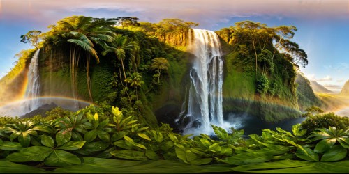 A breathtaking vast cascading waterfall, sunlight refracting in the mist, iridescent rainbow shimmer, lush tropical foliage fresh after a rainstorm, ultimate high-resolution, flawless perfection.