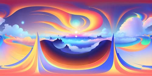 VR360 rays-infused sky, wavy patterns resembling three yellow dogs, ethereal color palette, exquisite ultra-high-res rendering, masterpiece-like detailing. Fantasy art style enriched, mesmerizing VR360 view